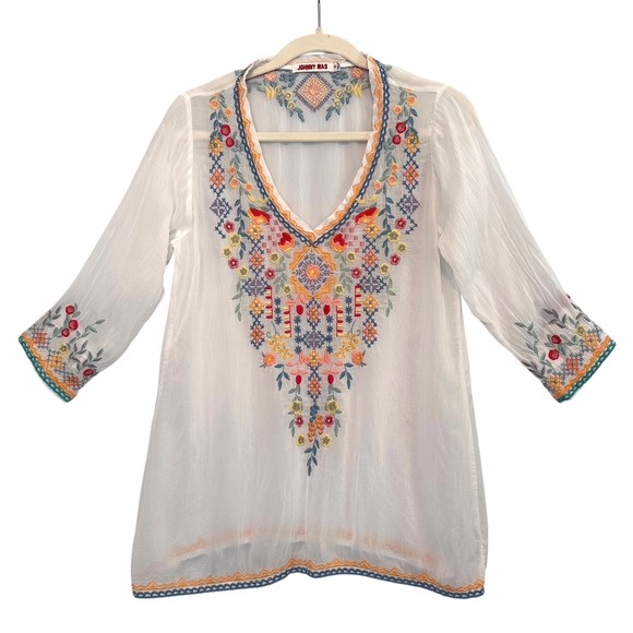 Johnny Was Embroidered Boho Tunic Top White Multicolor Floral XS Festival Hippie - Picture 1 of 12